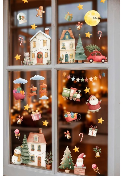 Yılbaşı Cam Sticker Seti 35+ Parça Büyük Boy Noel Pencere Süsleri Çıkart & Yapıştır Çocuk Odası Salon Vitrin Dijital Baskı