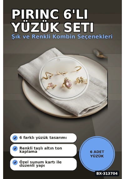 Pirinc 6 Adet Yuzuk Seti Numara 7-8 Arasi Bayan Bijuteri Hediyelik Ton Bx-313704 Çok Renkli