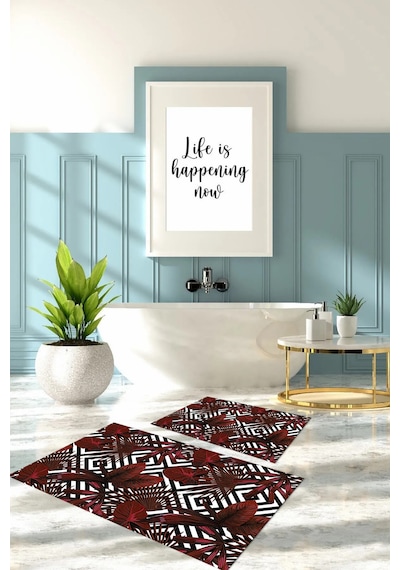 Buççin Online Mağaza Dijital Baskılı Yıkanabilir Klasik Çiçek Desenli Banyo Paspası Klozet Takımı Polyester Kırmızı Çok Renkli
