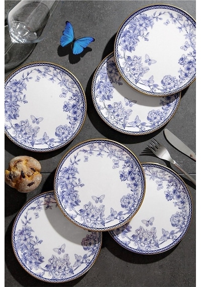 Butterfly 7 Parça Seramik Kek Fanuslu Pasta Sunum Tabağı Takımı Mavi