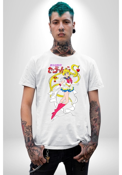 Sailor Moon Anime Usagi Tsukino Unisex Unisex Beyaz Organik Baskılı T-shirt Penye Yüksek Kalite Beyaz
