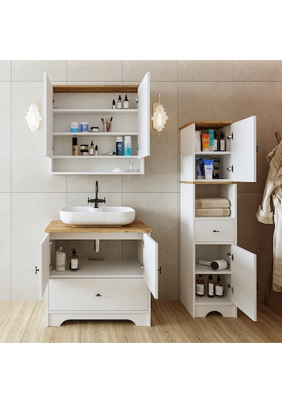 Lavabolu Mdf 80 Cm Çekmeceli Banyo Dolabı + Aynalı Üst Dlp Atlantik Çam - Beyaz Lavabolu Mdf 80 Cm Çekmeceli Banyo Dolabı + Aynalı Üst Dlp Atlantik Çam - Beyaz