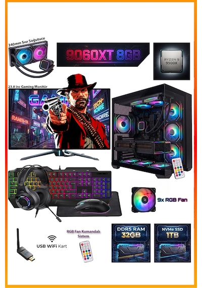 Comloji CMLJ54 R9-9900X 32 GB 1 TB SSD RX9060XT 23.8" Free Dos Masaüstü Oyuncu Bilgisayarı