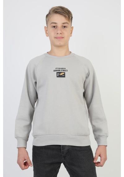 Kanguru Cepli Baskılı Detaylı Erkek Çocuk Sweatshirt-90881 Gri