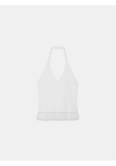 Dilvin 10868 Dantel Detaylı Halter Yaka Triko Bluz-beyaz