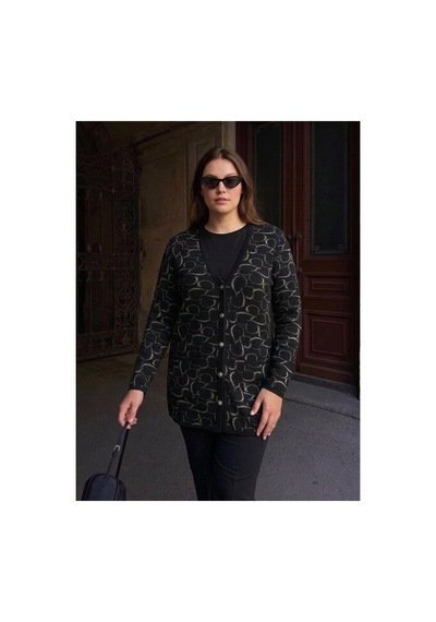 Onno Style Women Kalp Desenli Klasik Triko Düğmeli Ceket Siyah