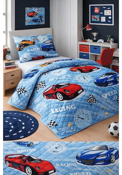 Erkek Çocuk Genç Pike Yatak Örtüsü Takımı Araba Desen Kapitone Pamuklu 4 Mevsim Çarşafsız 160x230 Mavi