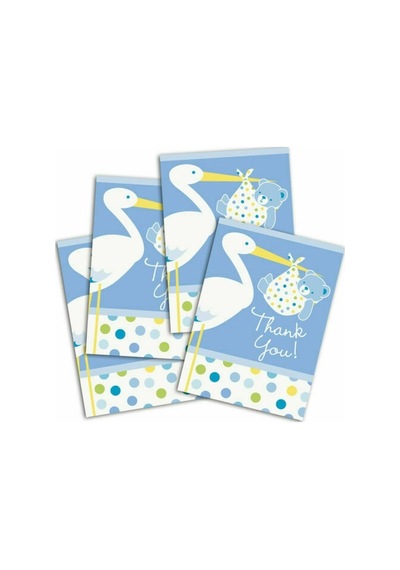 Mavi Renk Baby Stork Baby Shower Teşekkür Zarfı ve Not Seti 8 Adet