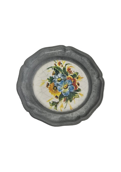 Vintage Zınn Çerçeveli Dekoratif Çiçek Temalı Duvar Tabağı 10cm 010