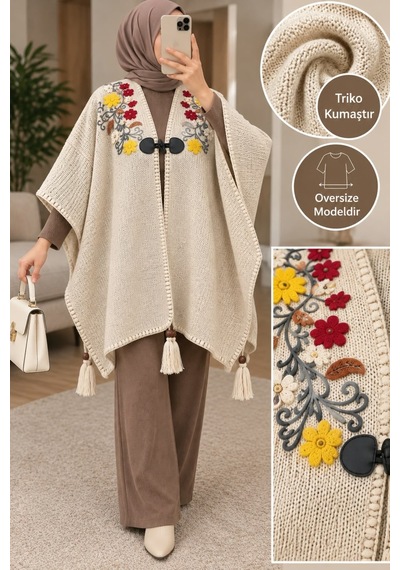 Genel Markalar Novea Scarf Renkli Nakış İşlemeli Triko Panço Krem - 942434618 Krem