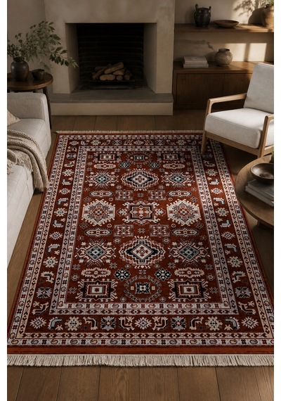 Vesta Anadolu Kilim Desenli Salon Oturma Odası Kaymaz Taban Robot Süpürge Uyumlu Kolay Temizlenebilir Halı Kiremit