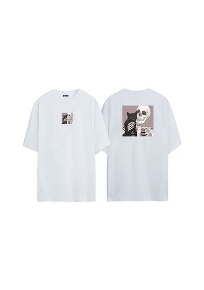 Thewert Unisex Surprise Bıtch Kediyle Selfie Ön Arka Baskılı Beyaz Oversize T-shirt