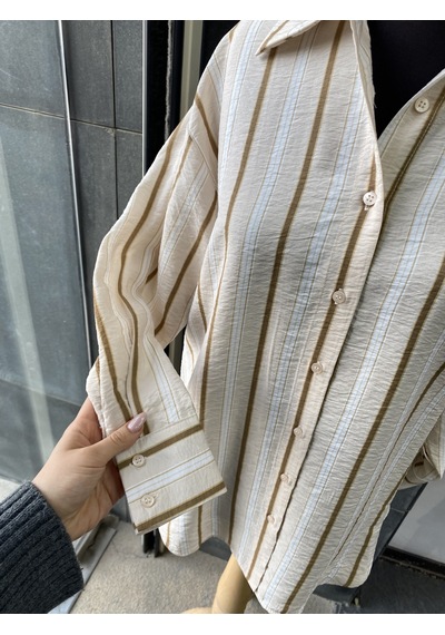Pera Moda Oversize Çizgili Uzun Kadın Gömleği Taş