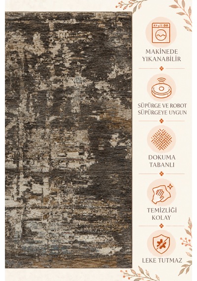 Vivanni Home Everlynn Polyester Vintage Halı Pamuk Atkı Tabanlı Modern Dokuma Ev Halısı Antrasit Kahve