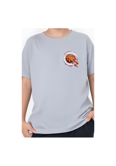 Panios Kids Basketball Baskılı Erkek Çocuk Kısa Kollu Tişört Gri