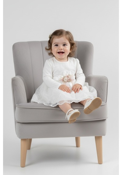 Mnk Baby & Kids Kız Bebek Kurdelalı Çiçekli Dantel Elbise M00768 ekru