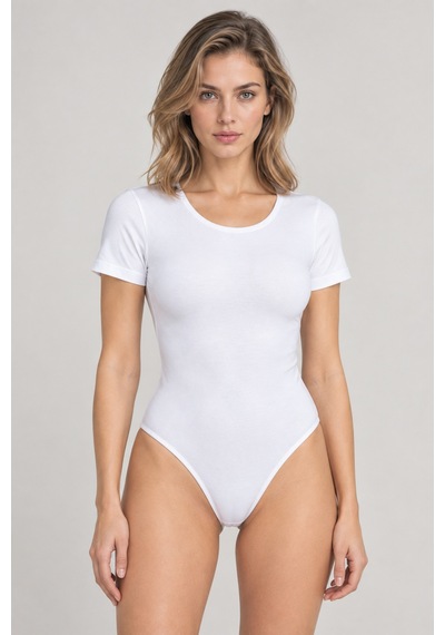 Loule Kadın Kısa Kollu Bisiklet Yaka Pamuklu Alttan Kancalı Body Beyaz