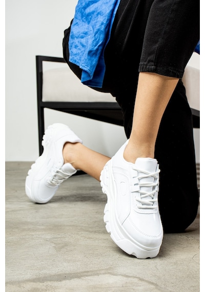 Nstil Günlük Kadın Spor Ayakkabı Yüksek Kalın Taban 6 Cm Suni Deri Sneaker 001 Beyaz - Rugan
