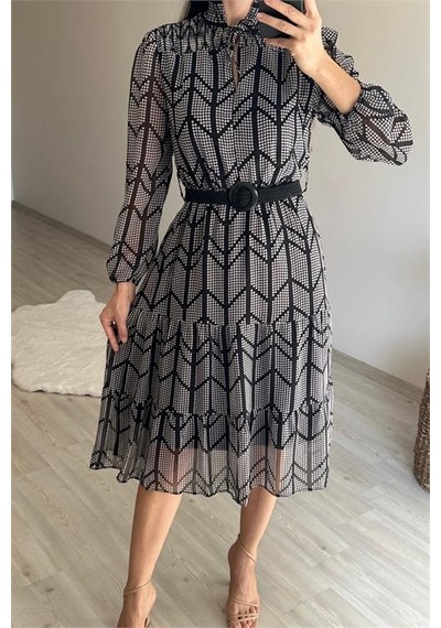 Neşeli Butik Kadın Yaka Lastikli Küçük Puantiyeli Midi Şifon Elbise Nm022 Siyah