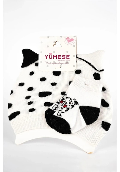 Adisia Unisex Bebek Beyaz Köpek Desenli Yazlık Çorap Şapka Takımı Beyaz