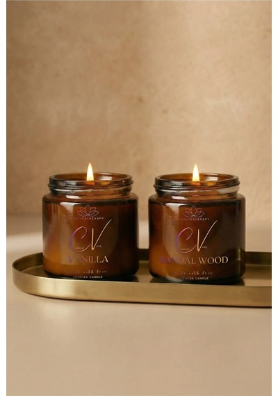 2 Li Amber Cam Kavanoz Aromaterapi Mum Seti Vanilya & Sandal Ağacı %100 Doğal Soya Kapaklı 100 Cc Amber