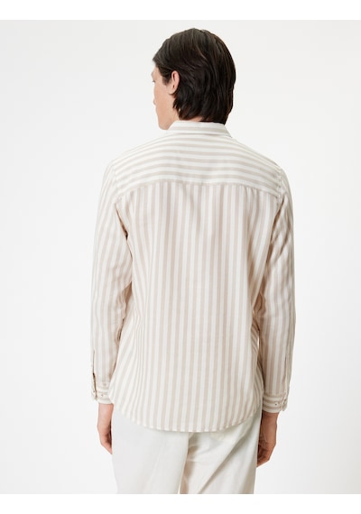 Koton Slim Fit Gömlek Uzun Kollu Düğmeli Yaka Detaylı Pamuk Karışımlı Bej Çizgili 5wam60005hw Ekru Koton Slim Fit Gömlek Uzun Kollu Düğmeli Yaka Detaylı Pamuk Karışımlı Bej Çizgili 5wam60005hw Ekru