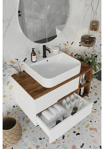 Koza Beyaz 90 Cm %100 Mdf Lavabolu Banyo Dolabı Ayna Lavabo Beyaz