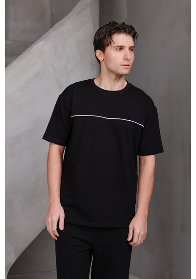 Erkek Garnili Şeritli Oversize Bisiklet Yaka 2 İki İplik Kompakt T-shirt Siyah