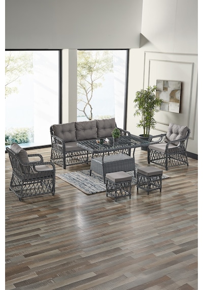 Edra Rattan Puflu Bahçe Balkon Takımı 3+1+1+camlı Masa Gri Gri Edra Rattan Puflu Bahçe Balkon Takımı 3+1+1+camlı Masa Gri Gri