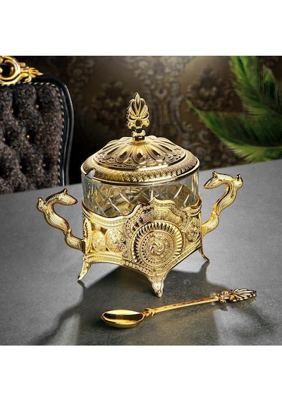 Kaşıklı Şekerlik Reçellik Kase Cam-metal Gold Timeless Model Altın