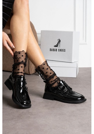 Dabab Shoes Elvan Kadın Siyah Rugan Küt Burun Çift Toka Detaylı Kalın Taban Loafer Ayakkabı