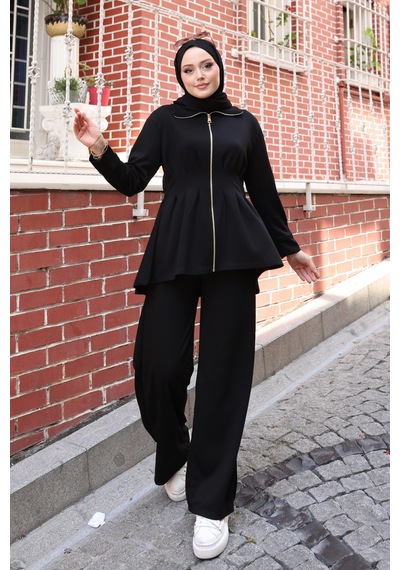 Balenbi Kadın Oversize Kesim Beli Pileli Ful Fermuarlı Modal Takım 1235 Siyah