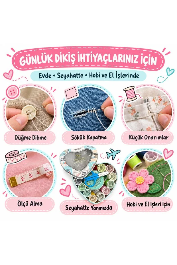 Kalp Kutulu Dikiş Seti Renkli İplik Makas Mezura İğne Ve İplik Geçirici