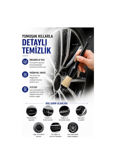 3 Lü Oto Detay Fırçası Seti Yumuşak Organik At Kılı Araç İç Dış Temizlik Fırçası