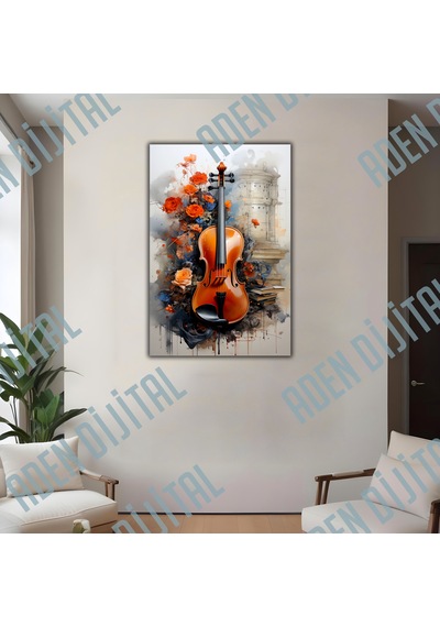 Aden Dijital Dekoratif Çiçekler Ve Keman Temalı Müzik Kanvas Tablo
