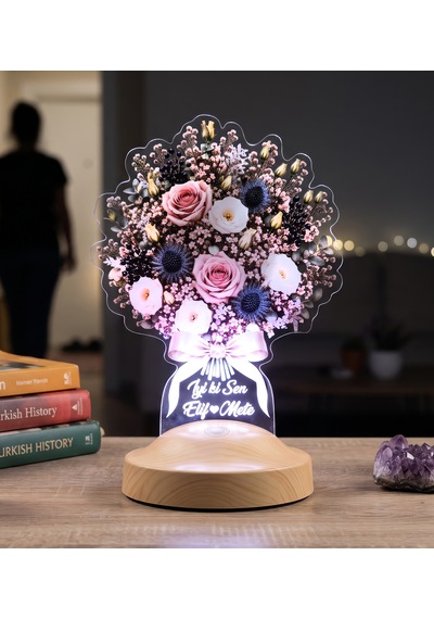 Pudra Gece Masalı Işıklı Çiçek Buketi Led Lamba Kadına Ve Sevgiliye Özel Hediye, Kişiye Özel Solmayan Çiçek Lambası Gece Masalı Buketi