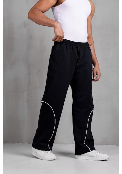 Dark Moda Erkek Oval Şeritli Baskılı Yazlık Baggy Eşofman Siyah