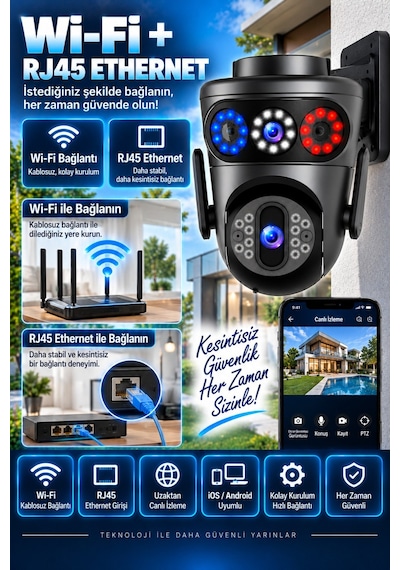 8mp Dual Lens Wifi Ptz Dış Mekan Güvenlik Kamerası Renkli Gece Görüş İnsan Takip Ip66 Rj45