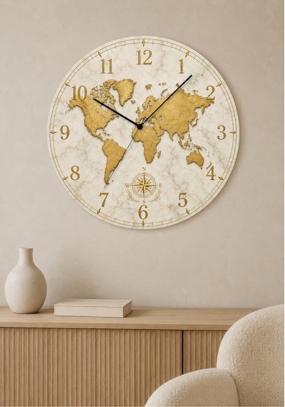 AA Shop Dünya Haritası Desenli Dekoratif Baskılı Ahşap Duvar Saati 45 Cm Sessiz Akar Mekanizma 868 Çoklu Renkli