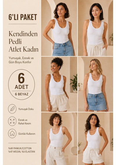 Loule Kadın 6'lı V Yaka Pedli Kaşkorse Atlet Beyaz Modal Pamuk