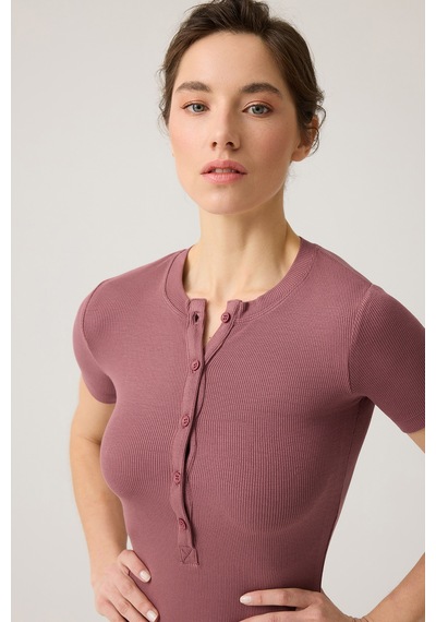 Los Ojos Bordo Fitilli Kısa Kollu Kısa Tulum Short Romper Bordo Bordo