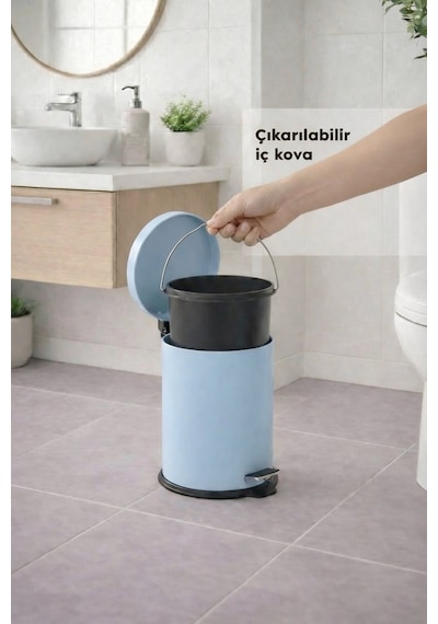 Sas Haus Mavi 2'li Banyo Seti - Metal Çöp Kovası 3 Lt Ve Wc Fırçası Takımı Elit 7200 Mavi