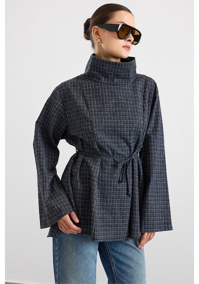 Olcay Degaje Yaka Oversize Kareli Bluz Antrasit 9839