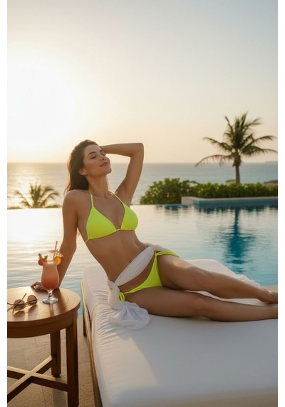 Kadın Fosforlu Yandan Bağlamalı Bikini Mayo Takımı Çok Renkli