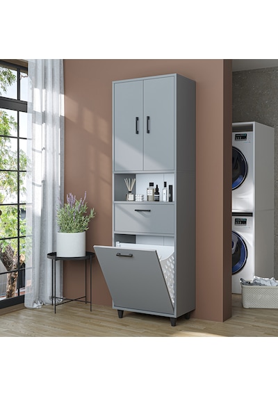 Çamaşır Sepetli Banyo Dolabı, Çok Amaçlı Çekmeceli Dolap 60 X 200 Cm Kül Gri