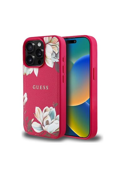 Apple Uyumlu iPhone 15 Pro Max Kılıf Guess Lisanslı Magsafe Özellikli Çiçek Tasarımlı Metal Logolu Kapak Fuşya