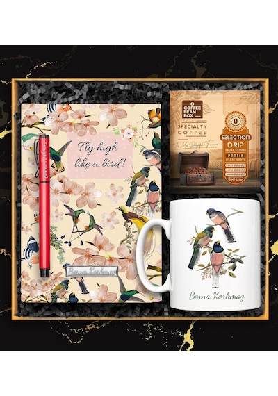 Kişiye Özel Tasarım Kupa & Kuş Desenli Defter & Kırmızı Roller Kalem & Pratik Filtre Kahve Hediye Seti