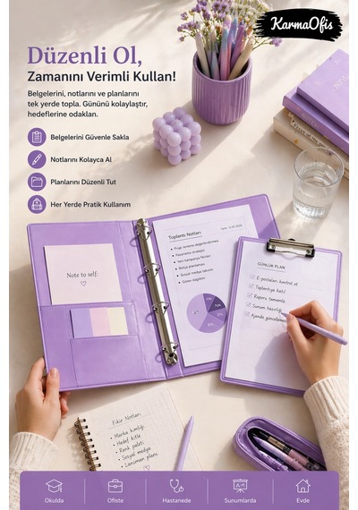 Lilac Dreams Aesthetic Kırtasiye Seti A4 4 Halkalı Klasör + Kapaklı Sekreterlik Pembe Pvc Dosya Organizer