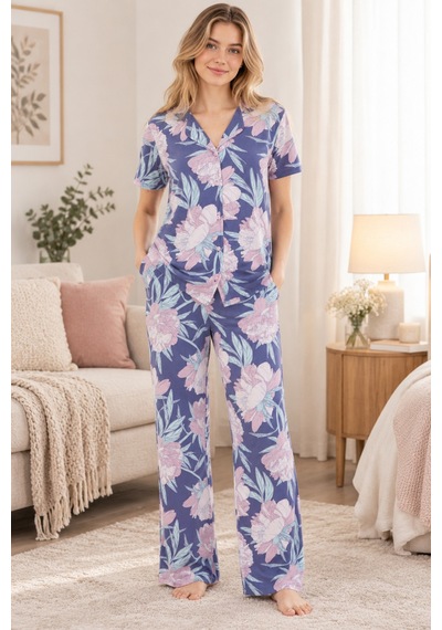 Lılac Kadın %100 Viskon Çiçek Desenli Gömlek Yaka Mor Pijama Takımı Mor - Pembe Mor - Pembe Lılac Kadın %100 Viskon Çiçek Desenli Gömlek Yaka Mor Pijama Takımı Mor - Pembe Mor - Pembe