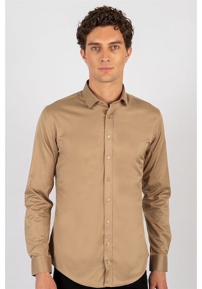 Tudors Slim Fit Dar Kesim Likralı Düz Saten Erkek Gömlek-19939 Kahverengi